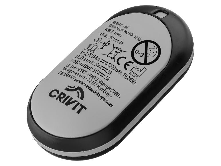 Power bank Crivit s technickými špecifikáciami a informáciami o výrobcovi.