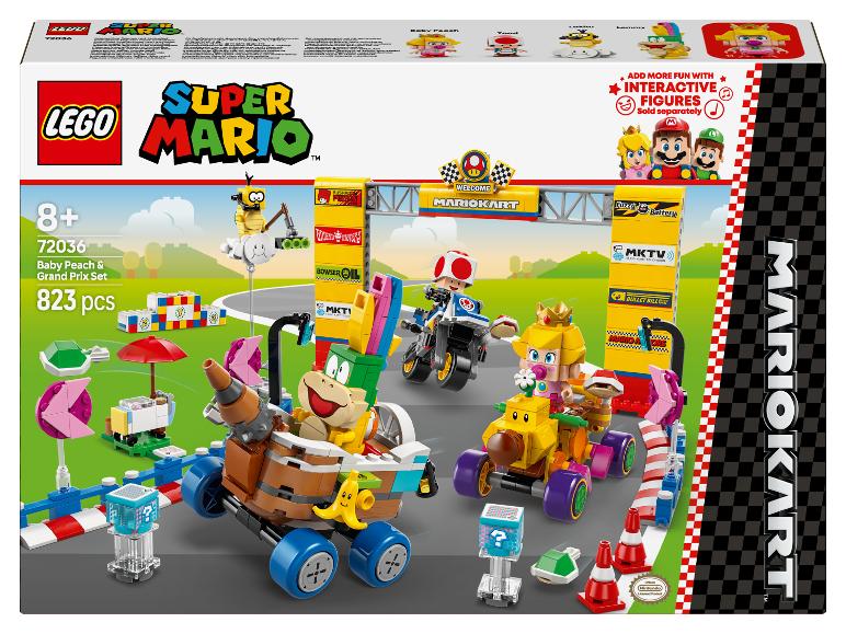 Súprava LEGO Super Mario Kart s Baby Peach a Bowserom Jr. v pretekárskych autách.