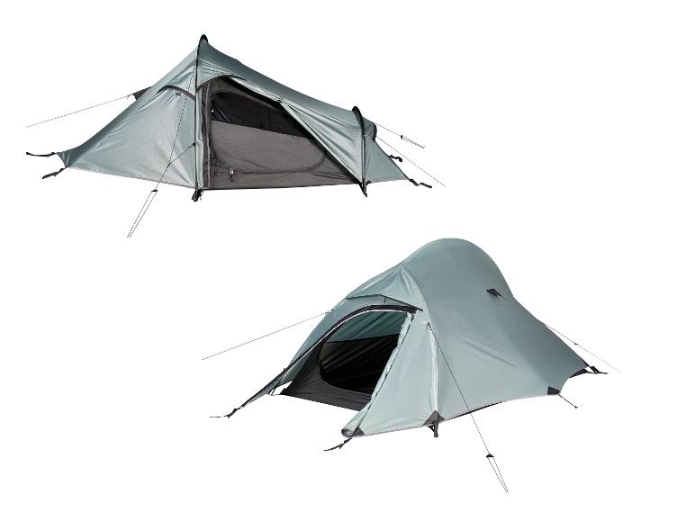 Dva ľahké, sivé campingové stany pre jednu alebo dve osoby.