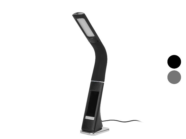 Čierna LED stolná lampa so základňou a dotykovým panelom, s dvoma vzorkami farieb.
