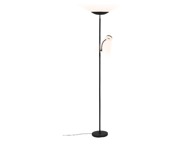 Čierna stojaca lampa s hlavným svetlom a flexibilnou lampou na čítanie.