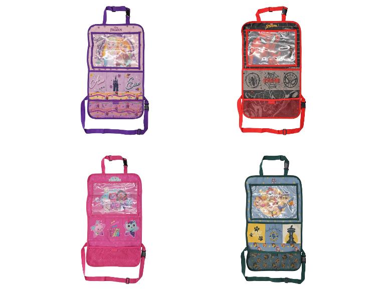 Štyri organizéry na autosedačky: motívy Frozen, Spider-Man, Gabby's Dollhouse a Paw Patrol.
