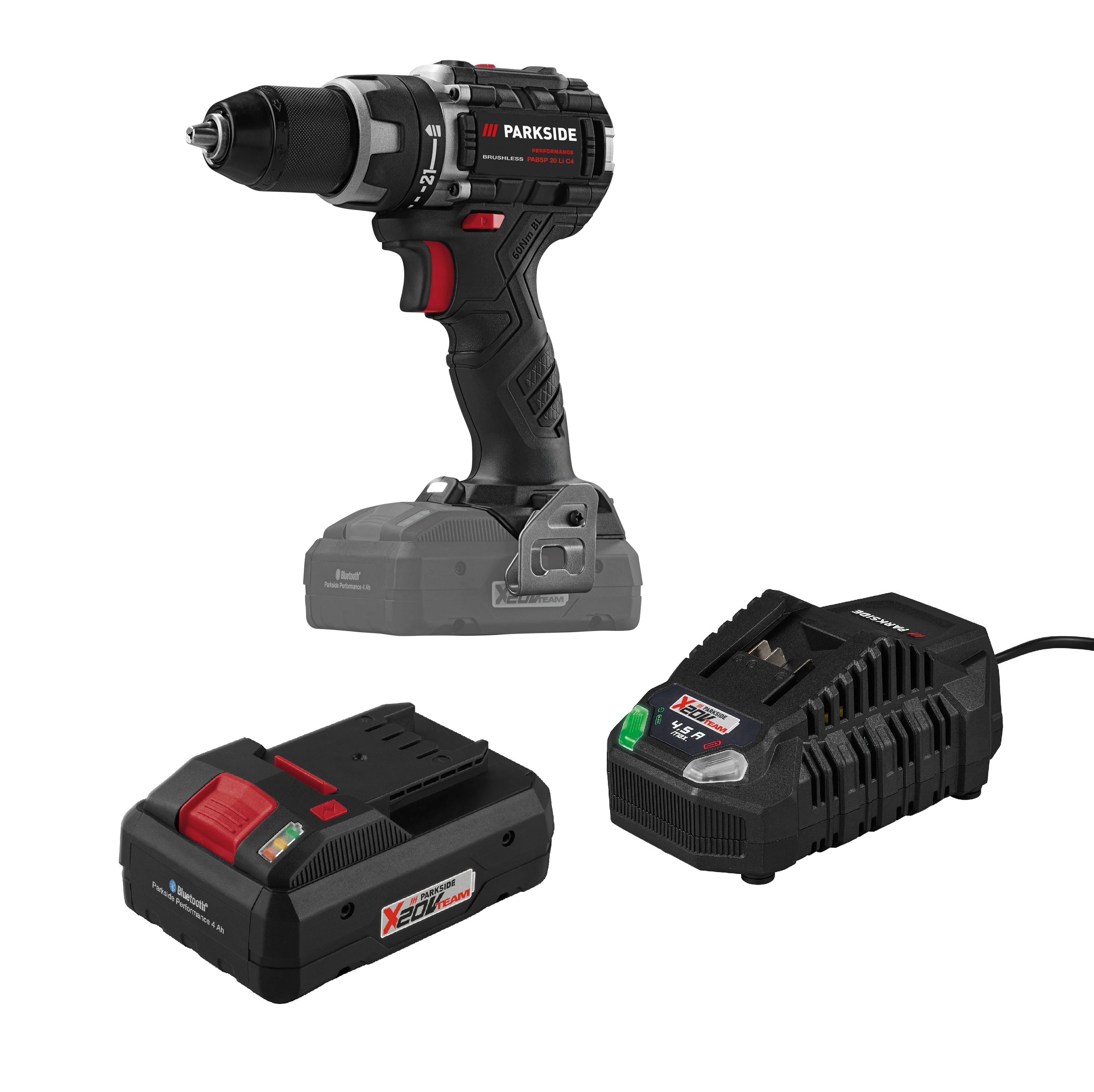 PARKSIDE PERFORMANCE® Aku vŕtací skrutkovač 20 V PABSP 20 Li C4 + Smart akumulátor 20 V/4 Ah + Rýchlonabíjačka akumulátora 20 V/4,5 A