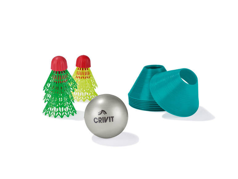 Badmintonové loptičky, kužele a fitness lopta Crivit.