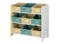 Drevený regál s 9 úložnými košíkmi, s motívom dúhy a bodiekami.