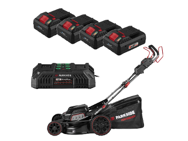 PARKSIDE PERFORMANCE® Aku kosačka na trávu PPRMA 40-Li C3 + Smart akumulátor 20 V/4 Ah, 4 kusy + Dvojitá nabíjačka na akumulátor 20 V/4,5 A