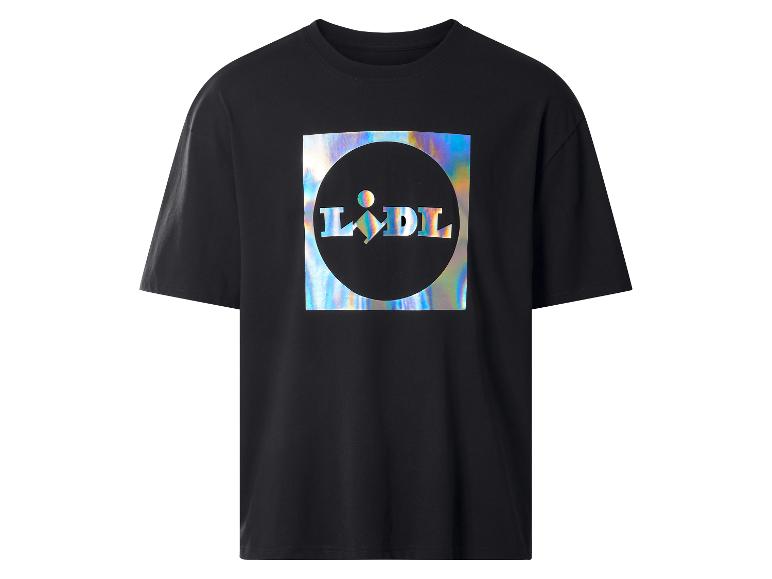 Čierne tričko s holografickým logom Lidl v strede.