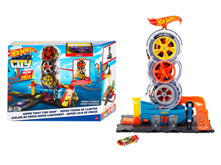 Sada Hot Wheels City Super Twist Tire Shop s točiacimi pneumatikami.
