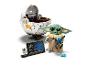 LEGO Star Wars Grogu a jeho vznášadlo s informačnou tabuľkou.