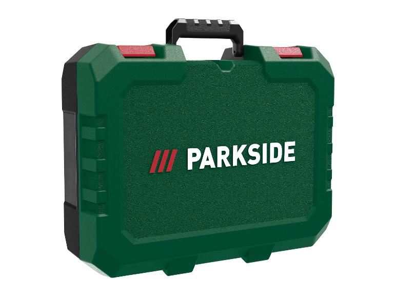 Zelený kufor na náradie Parkside s čiernou rukoväťou a červenými sponami.
