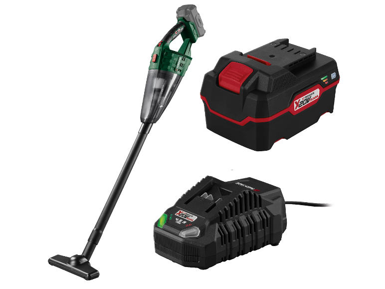 Ručný vysávač Parkside, batéria a nabíjačka.