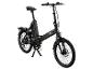 Čierny skladací elektrobicykel so zadným nosičom a kotúčovými brzdami.