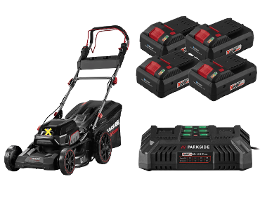 PARKSIDE PERFORMANCE® Aku kosačka na trávu PPRMA 40-Li C3 + Smart akumulátor 20 V/4 Ah, 4 kusy + Dvojitá nabíjačka 20 V/4,5 A