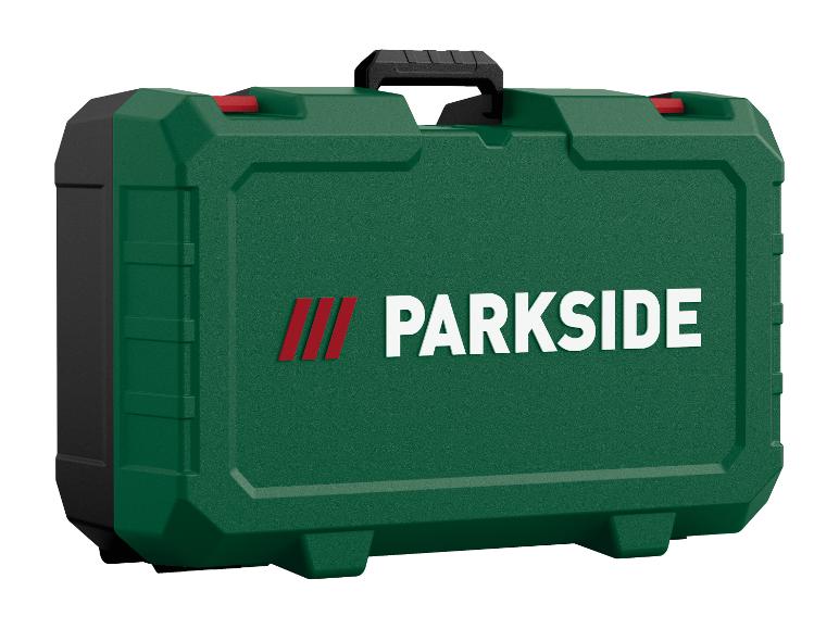 Zelený box na náradie s čiernou rukoväťou a červenými detailmi.