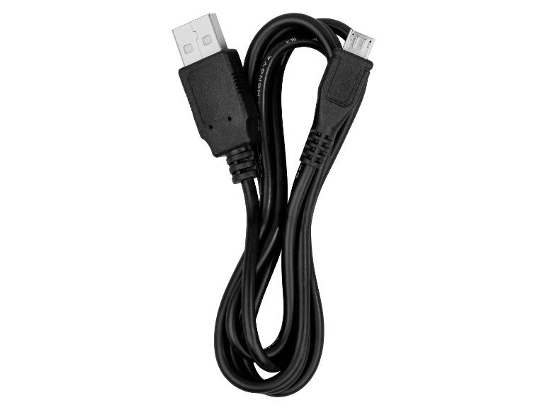 Čierny USB kábel s konektormi USB-A a Micro-USB, stočený do osmičky.