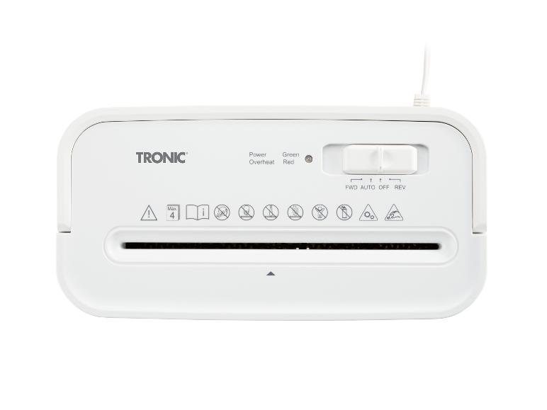 Biely skartovač papiera Tronic s ovládacími prvkami a bezpečnostnými ikonami.