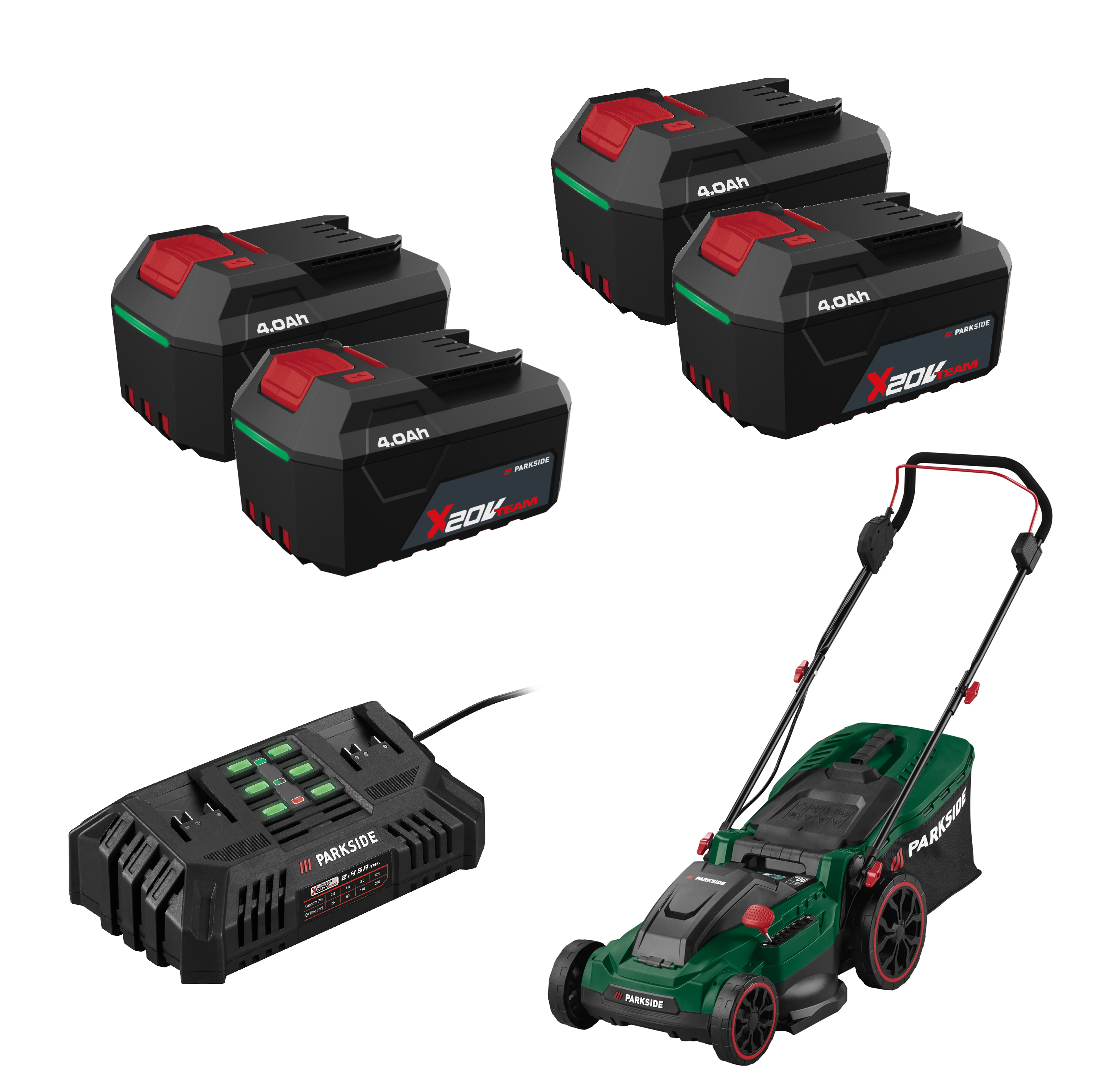 PARKSIDE® Aku kosačka na trávu 40 V PARM 41 A14 + Akumulátor 20 V/4 Ah, 4 kusy + Dvojitá nabíjačka na akumulátor 20 V/4,5 A
