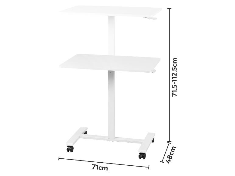 Biely mobilný výškovo nastaviteľný stôl (71,5-112,5 cm) s dvoma doskami, šírka 71 cm a hĺbka 48 cm.