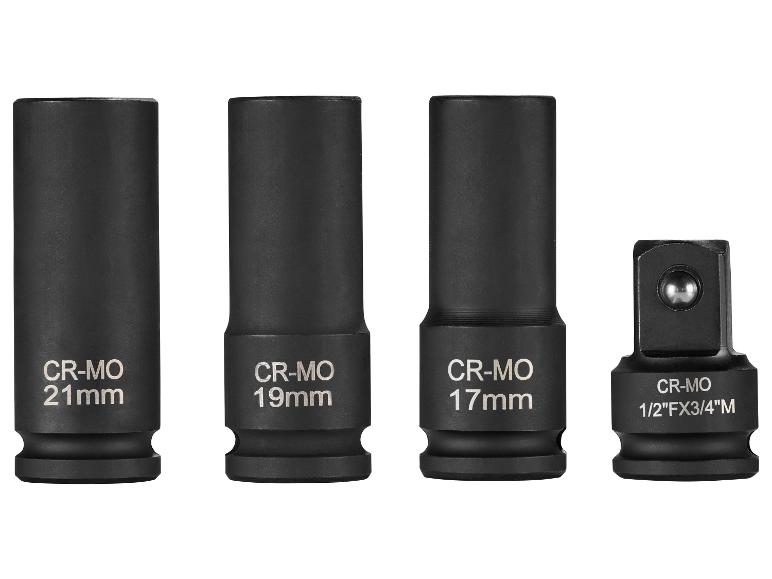 Štyri čierne nástrčné kľúče, vrátane veľkostí 21mm, 19mm, 17mm a adaptéra 1/2'FX3/4'M.