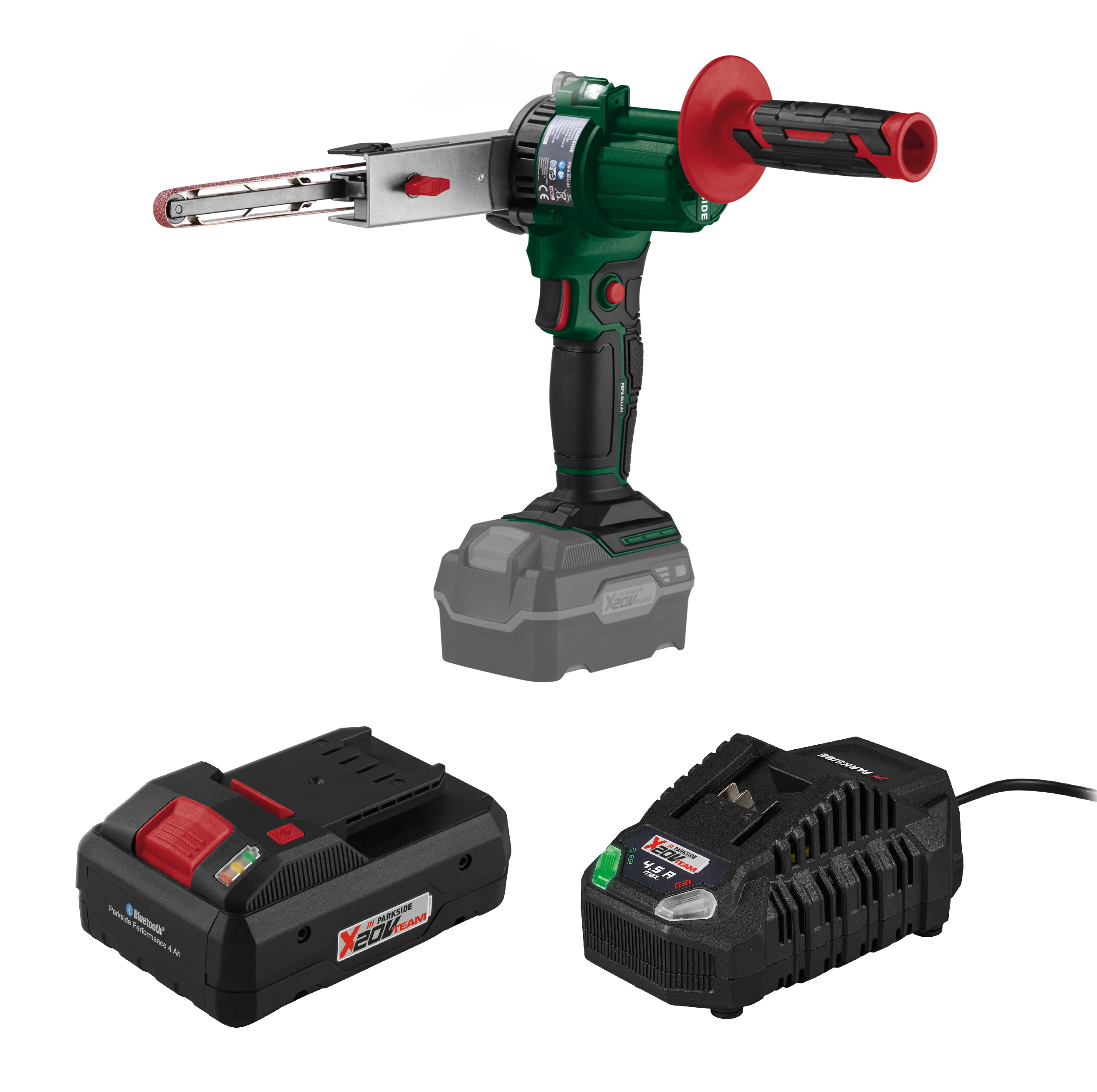 PARKSIDE® Aku pásový pilník 20 V PBFA 20-Li A1 + Smart akumulátor 20 V/4 Ah + Rýchlonabíjačka akumulátora 20 V/4,5 A