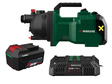 PARKSIDE® Aku záhradné čerpadlo 40 V PAGP 3000 B2 + Akumulátor 20 V/4 Ah, 2 kusy + Dvojitá nabíjačka na akumulátor 20 V/4,5 A