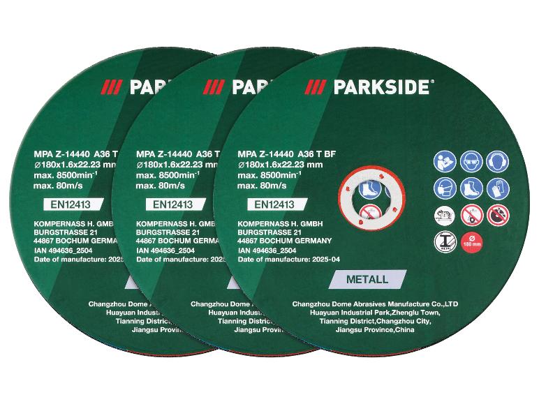 Tri rezné kotúče Parkside na kov, 180 mm, s bezpečnostnými pokynmi.