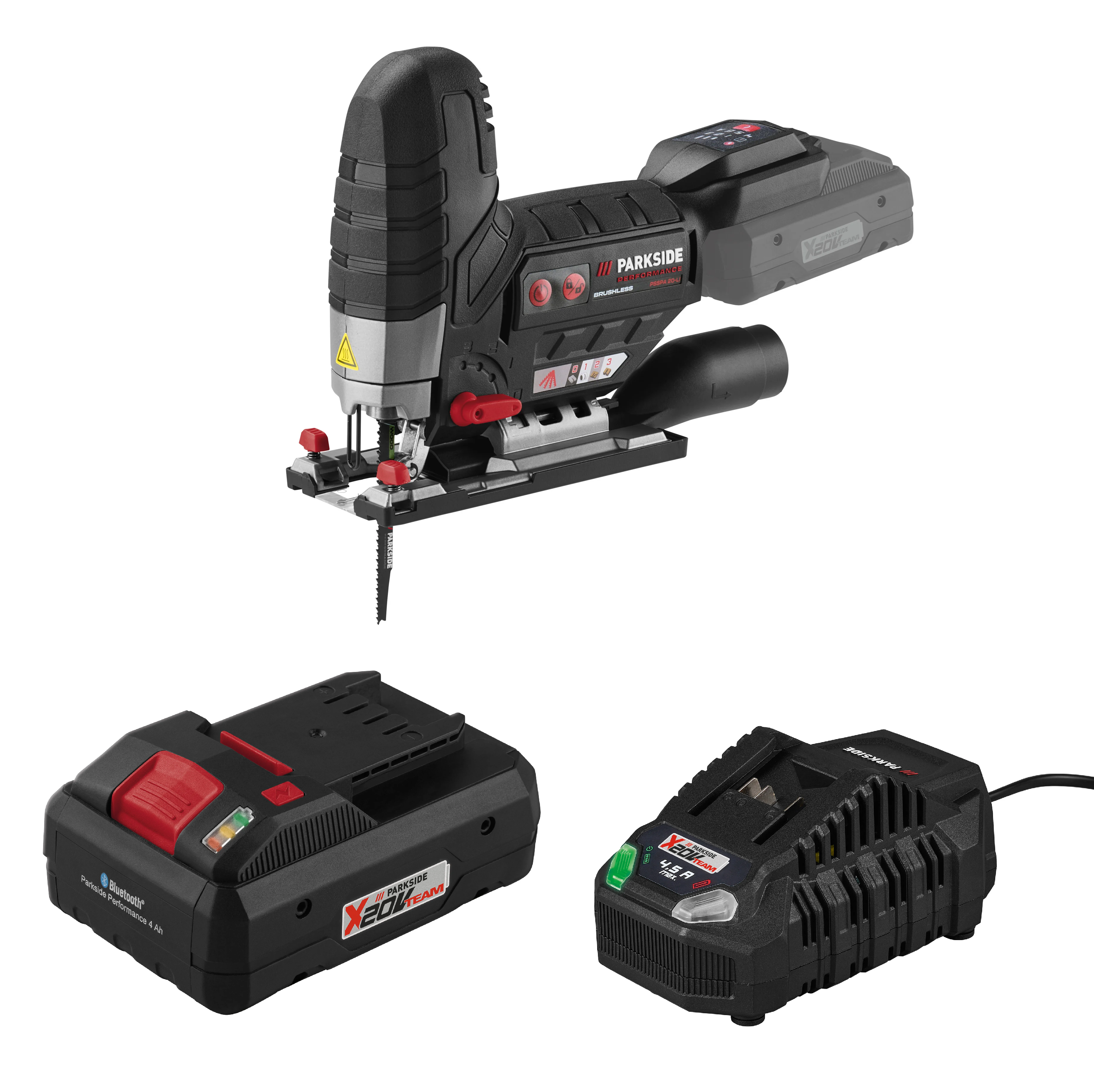 PARKSIDE PERFORMANCE® Aku priamočiara píla 20 V PSSPA 20-Li F4 + Smart akumulátor 20 V/4 Ah + Rýchlonabíjačka akumulátora 20 V/4,5 A