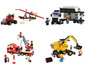 Hasičské auto, policajné auto, nákladné auto s rampou a bager, všetky postavené z kociek Lego.