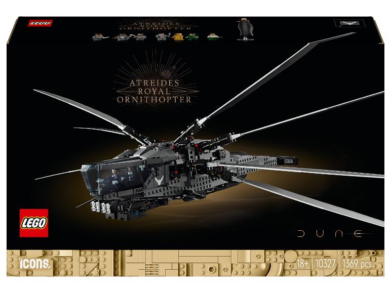Súprava LEGO Icons Dune Atreides Royal Ornithopter s minifigúrkami.