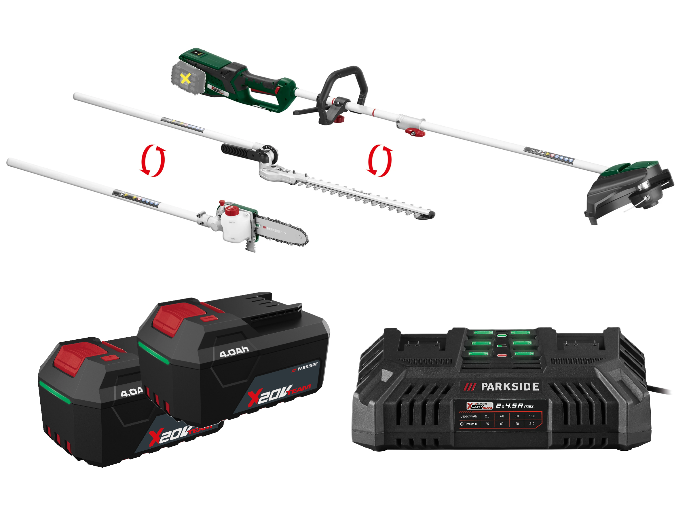 E-shop PARKSIDE® Aku záhradné kombinované náradie PGKGA 40-Li B2 + Akumulátor 20 V/4 Ah, 2 kusy + Dvojitá nabíjačka 20 V/4,5 A