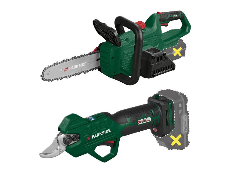 Reťazová píla a záhradné nožnice, obe akumulátorové, značky Parkside.