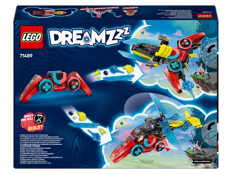 Krabica LEGO DREAMZzz s dvoma alternatívnymi modelmi červeného a modrého vozidla.