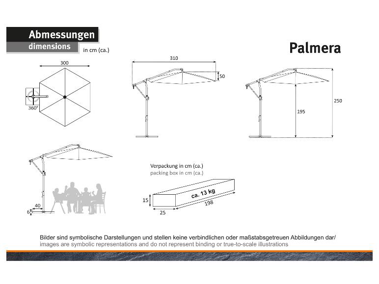 Rozmery slnečníka Palmera a detaily balenia, vrátane funkcie otáčania o 360°.