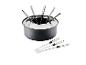 Súprava na fondue s čiernym hrncom a šiestimi nerezovými vidličkami, tri vo vnútri a tri vonku.