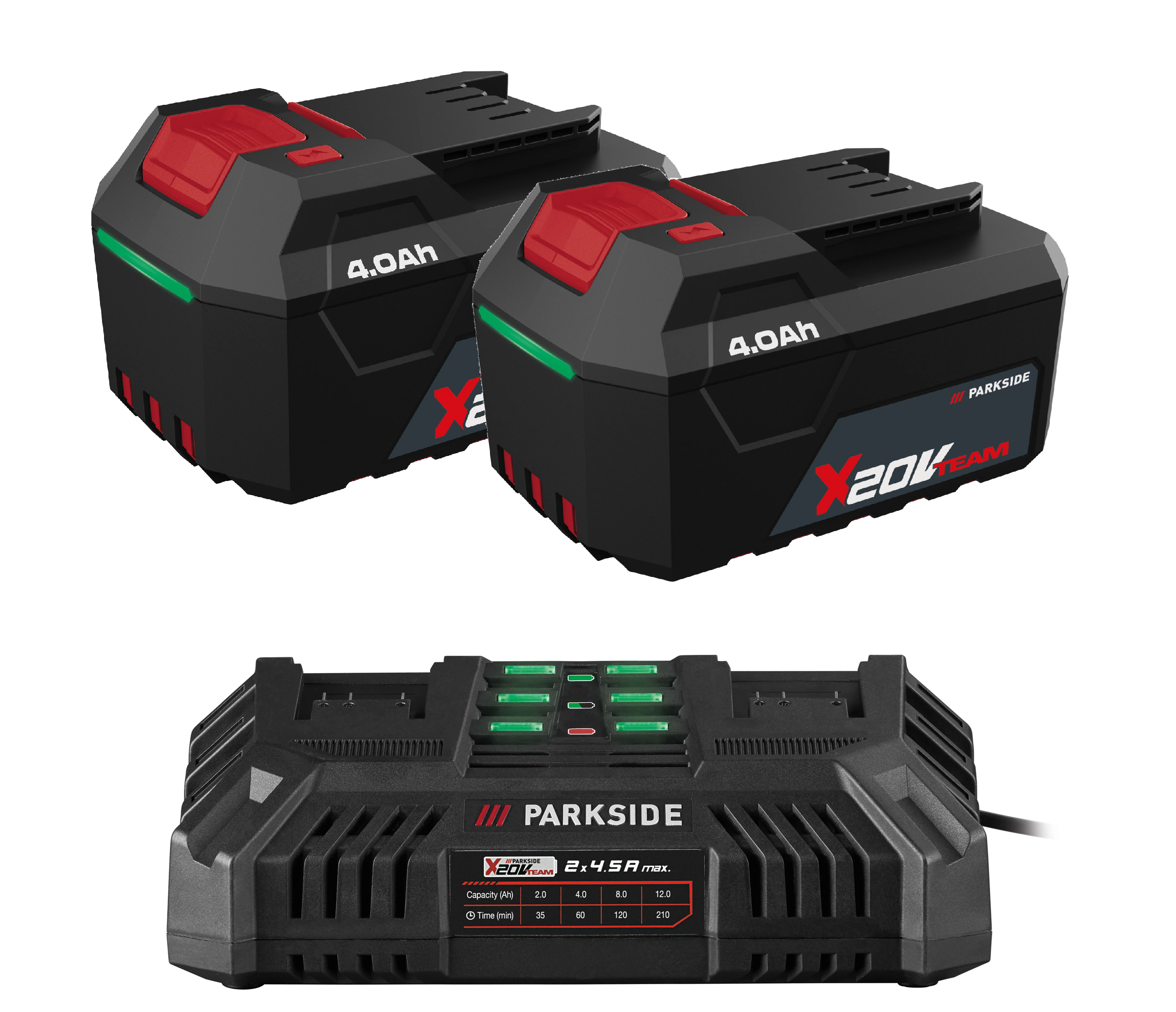 PARKSIDE® Akumulátor 20 V/4 Ah PAP 204 A1, 2 kusy + Dvojitá nabíjačka na akumulátor 20 V/4,5 A