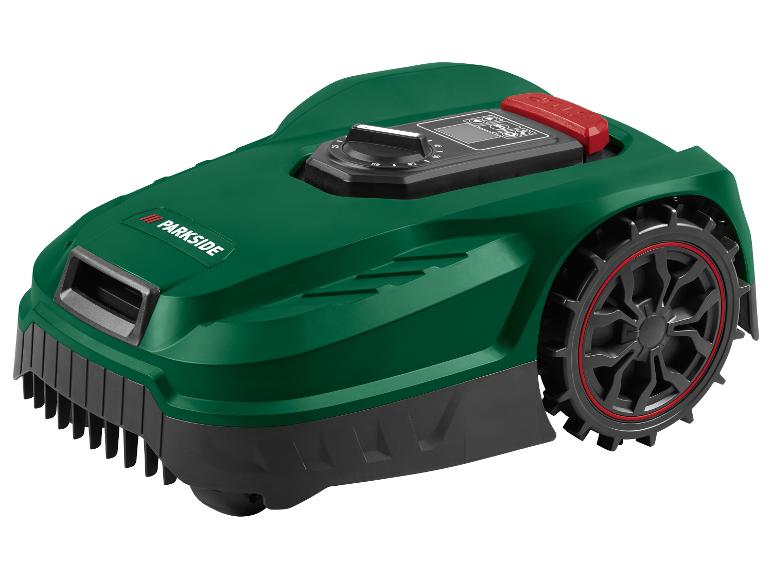 Robotická kosačka PARKSIDE v zelenej farbe s čiernymi detailmi a červeným tlačidlom STOP.