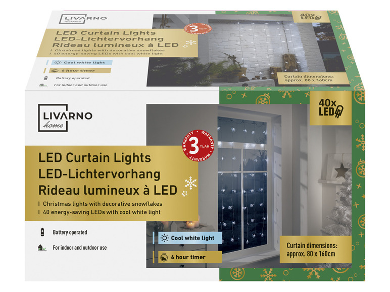 E-shop LIVARNO home Svetelný záves snehové vločky/hviezdy, 40 LED (svetelný záves snehové vločky)