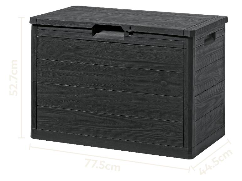 Tmavosivý vonkajší úložný box s textúrou dreva, rozmery 77.5x44.5x52.7cm.