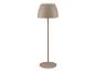 Stojacia lampa vo farbe taupe so zvonovitým tienidlom a okrúhlou základňou.