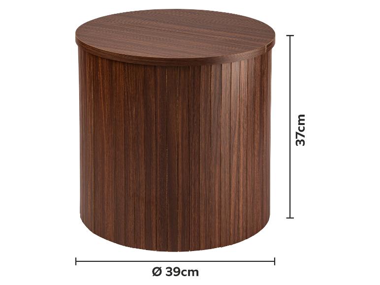 Cylindrický odkladací stolík z tmavého dreva s rozmermi 37 cm výšky a 39 cm priemeru.