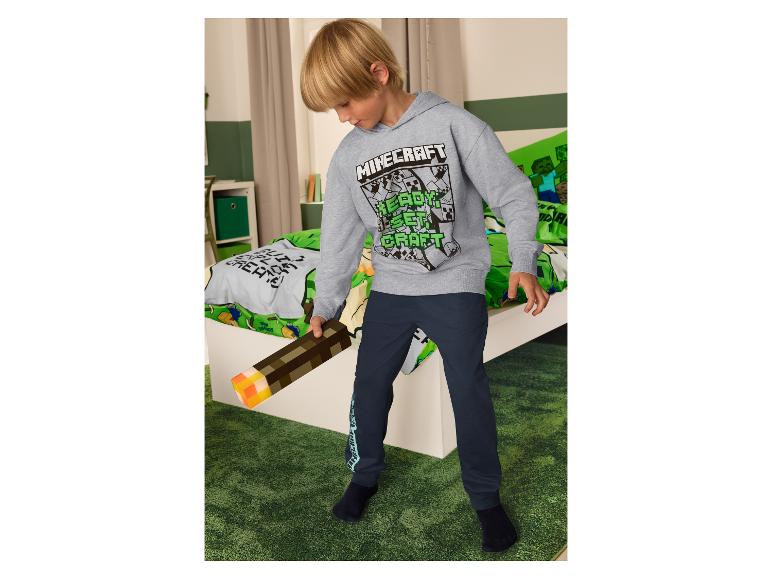 Chlapec v mikine Minecraft a tmavomodrých nohaviciach, držiaci fakľu Minecraft.