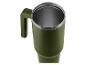 Zelený termohrnček s rúčkou a kovovým vnútrom, pohľad zhora