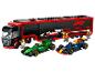 Súprava LEGO Speed Champions s kamiónom F1, dvoma pretekárskymi autami a minifigúrkami.