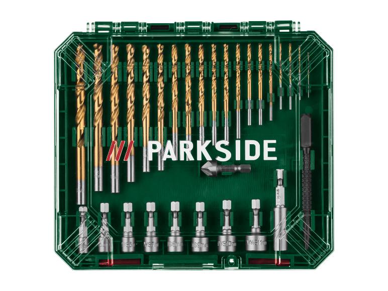 Súprava vrtákov a bitov v zelenej krabici s náradím a nápisom „PARKSIDE“.