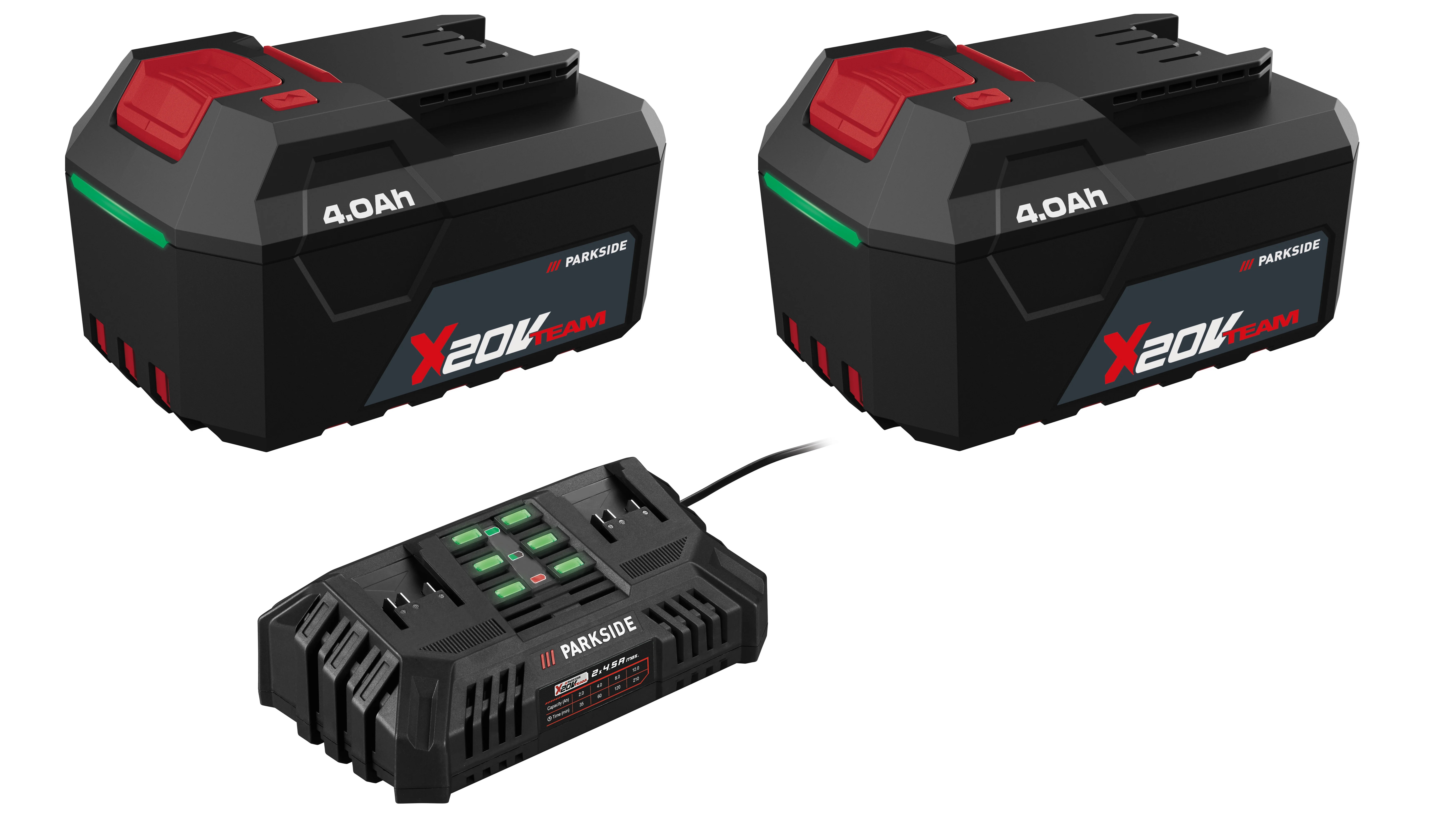 PARKSIDE® Akumulátor 20 V/4 Ah PAP 204 A1, 2 kusy + Dvojitá nabíjačka na akumulátor 20 V/4,5 A PDSLG 20 B1