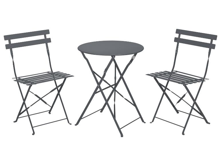 Tmavošedý bistro set s okrúhlym stolom a dvoma skladacími stoličkami.
