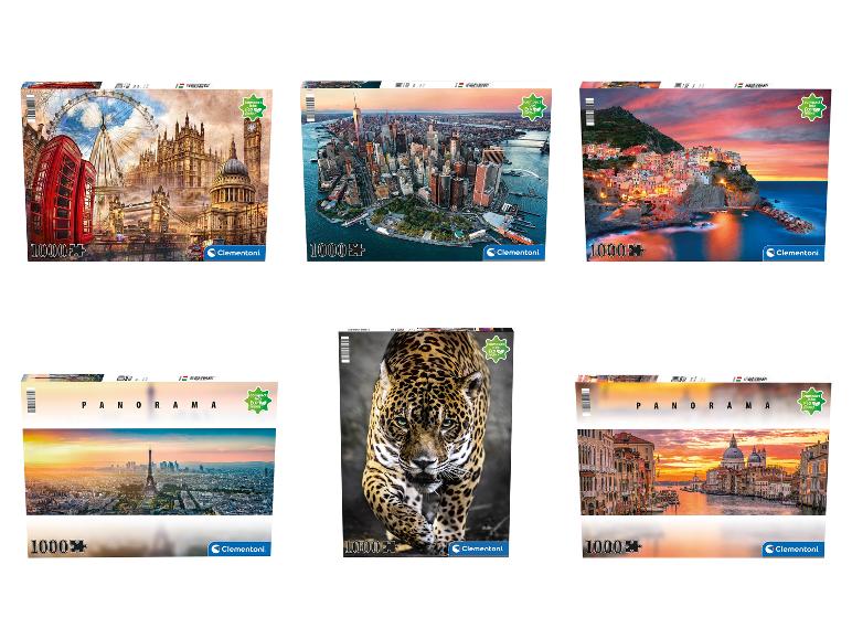 Šesť Clementoni puzzle s mestskými panorámami a jaguárom.