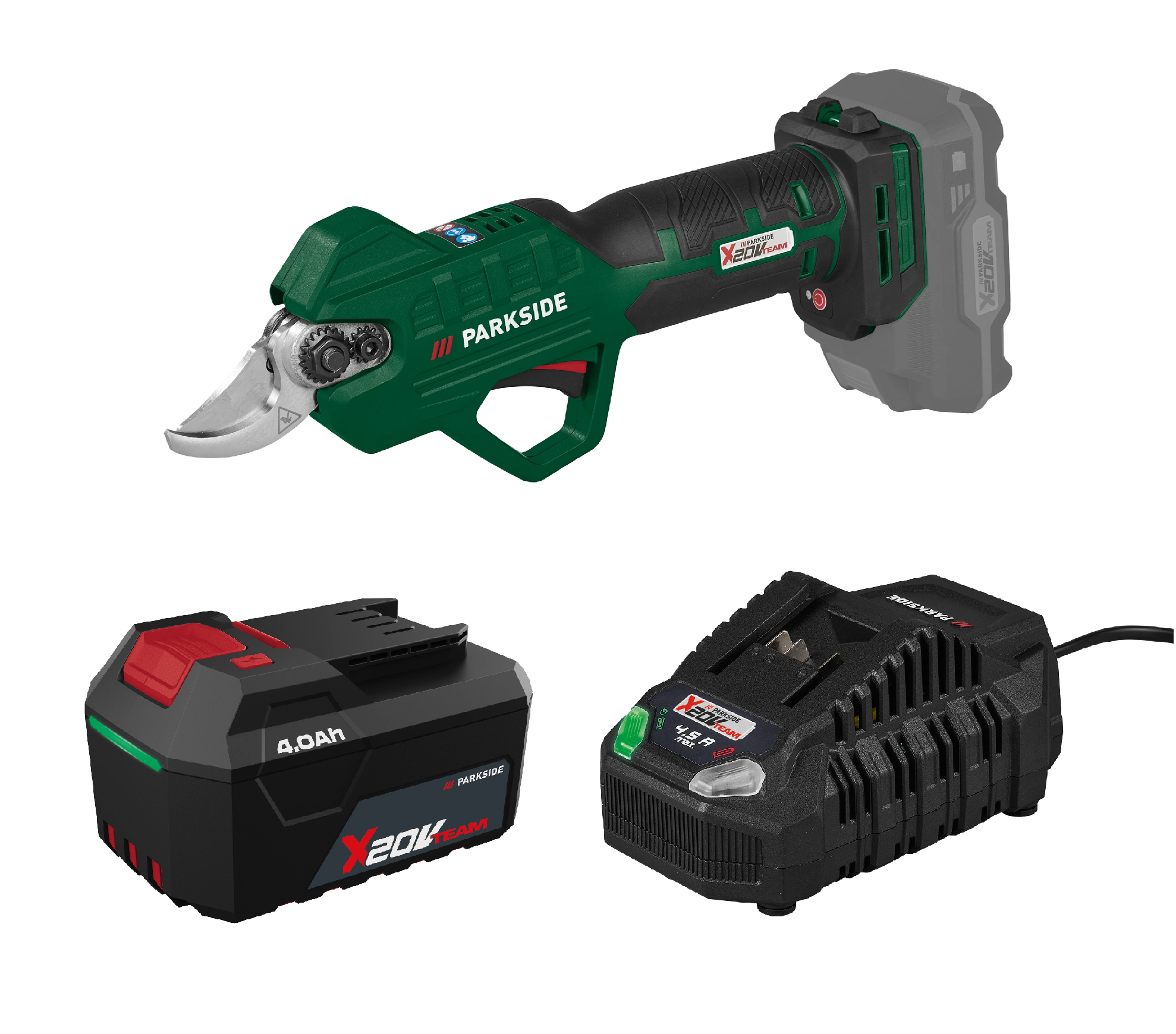 PARKSIDE® Aku nožnice na konáre 20 V PAAS 20-Li B1 + Rýchlonabíjačka akumulátora 20 V/4,5 A + Akumulátor 20 V/4 Ah