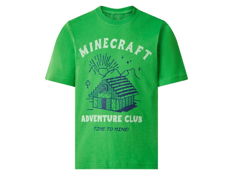 Zelené tričko s krátkym rukávom s grafickou potlačou na tému Minecraft.