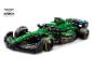 Zelené a čierne LEGO pretekárske auto Aston Martin Aramco Formuly 1 s logami sponzorov.